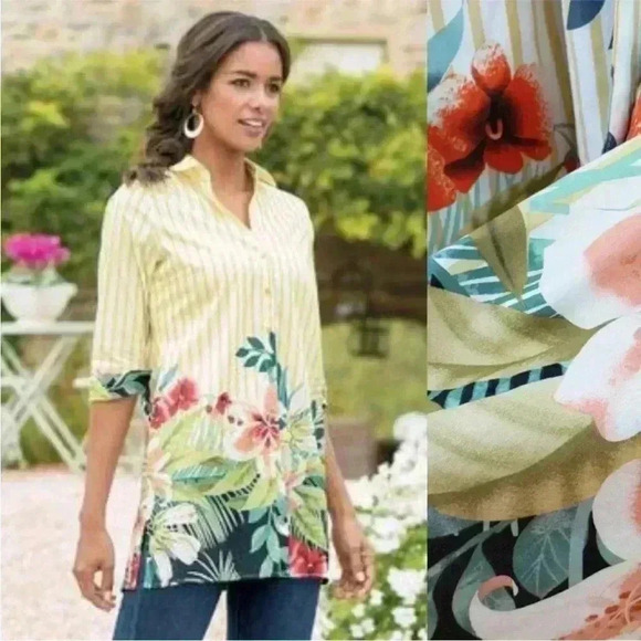 Soft Surroundings Striped Tropical Print Cotton Tunic Top Blouse Size XS - Picture 1 of 9